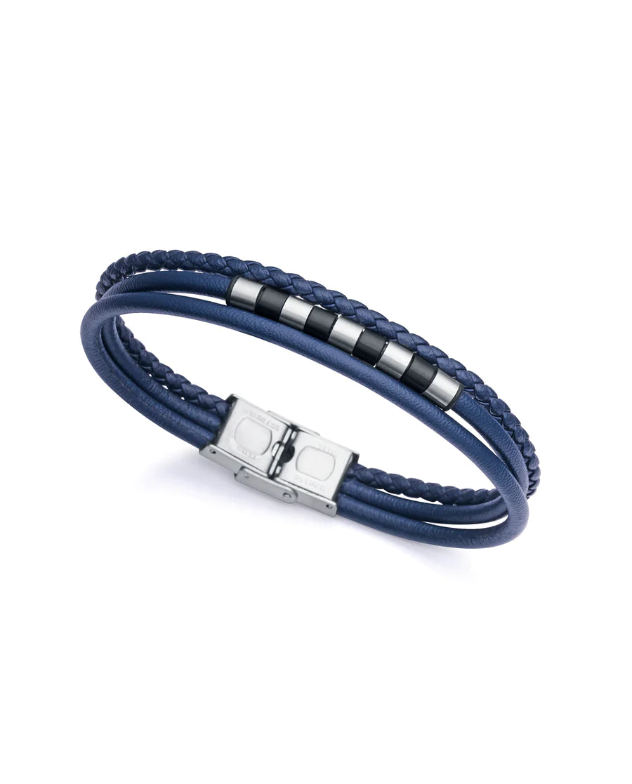 PULSERA HOMBRE Magnum de acero en Ip negro y cuero azul